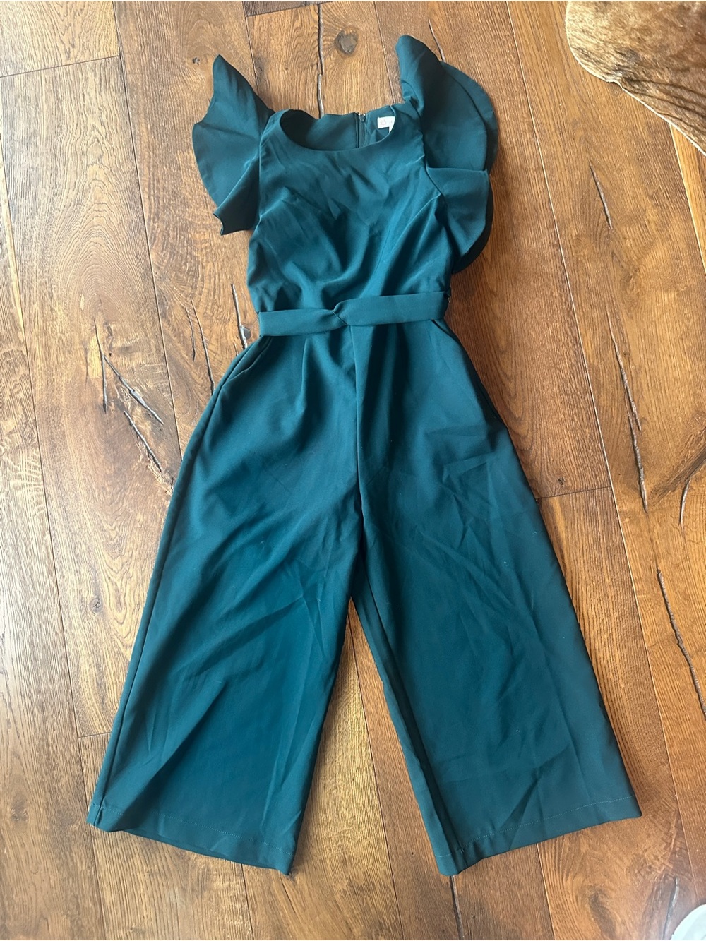 GB girls Pine Green Ruffle-Sleeve Wide-Leg Jumpsuit with Self-Tie Waist